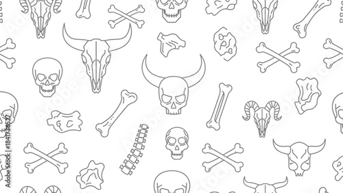 Seamless pattern of various skulls and bones in line art style.