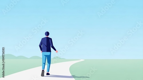 Man Walking on a Path Towards the Horizon, Minimalist Landscape.