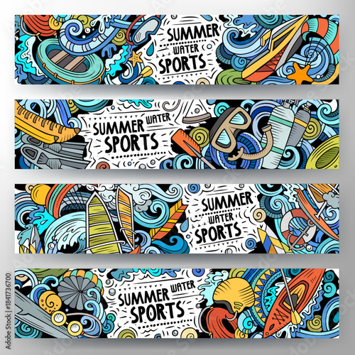 Cartoon vector doodle set of Water Sports banners templates. Corporate identity for the use on apps, branding, flyers, web design