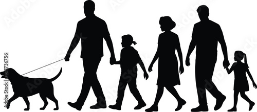 Silhouette of group walking with children and dog, black illustration symbolizing family outing, movement, and companionship