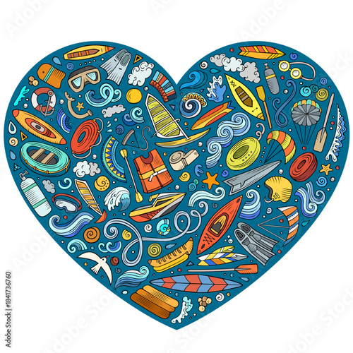 Colorful vector set of water sports cartoon doodle objects, symbols and items. Heart form composition