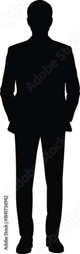 Silhouette of person in suit with hands in pockets, black illustration symbolizing professionalism, anonymity, and formal posture