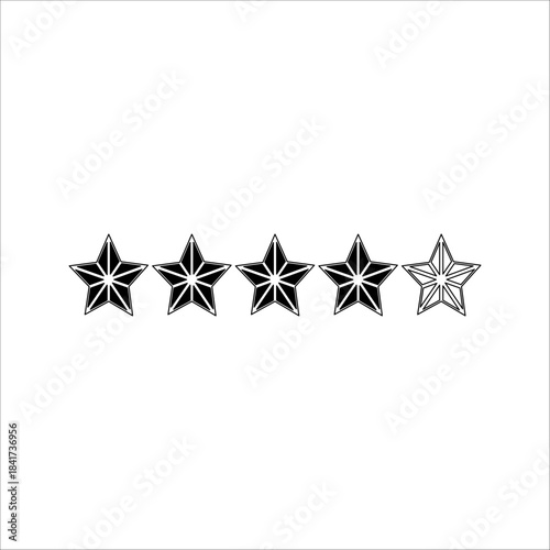 five star customer product review icon in vector format, featuring a black and white 5 star flat icon for apps and websites.