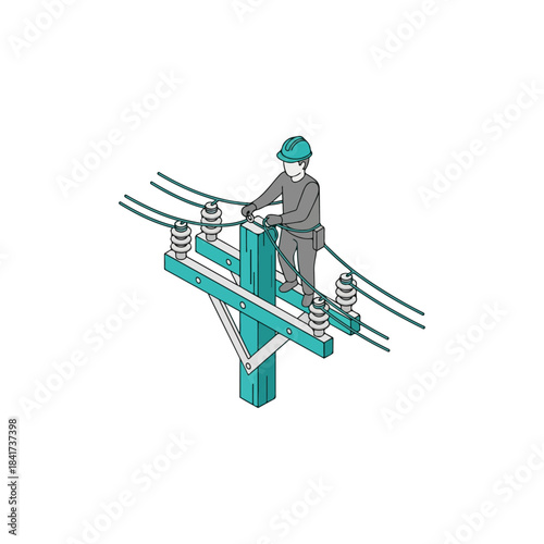Lineman working on power lines high up on a utility pole.