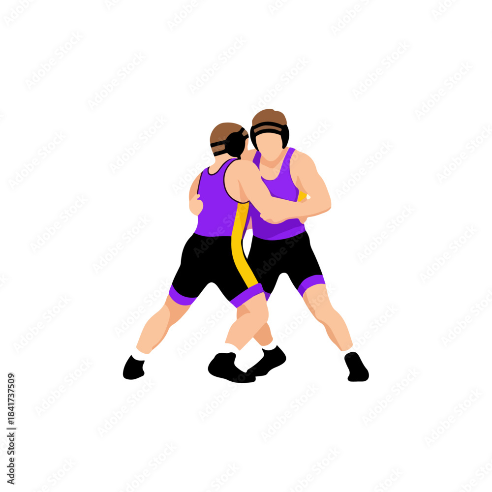 Fototapeta premium Two wrestlers in purple and black uniforms locked in a match.