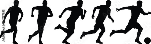 Silhouettes of a person running and kicking a soccer ball, illustrating dynamic athletic motion and sports action sequence.