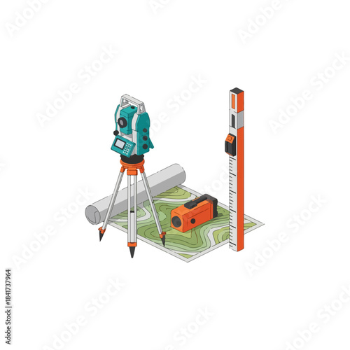 Surveying equipment including a total station and leveling staff.