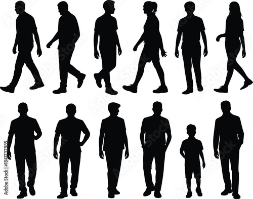 Silhouettes of adults and children in standing and walking poses, ideal for posture, lifestyle, diversity, and motion studiesSilhouettes of adults and children in standing and walking poses