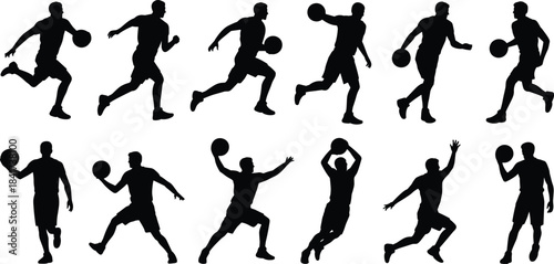 Silhouettes of basketball players in motion, performing dribbling, passing, jumping, and shooting actions for sports design and training.
