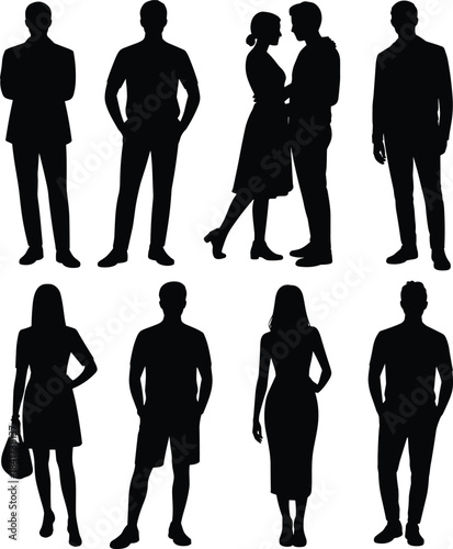 Silhouettes of casually and formally dressed individuals in various poses, ideal for fashion, lifestyle, posture, and character design
