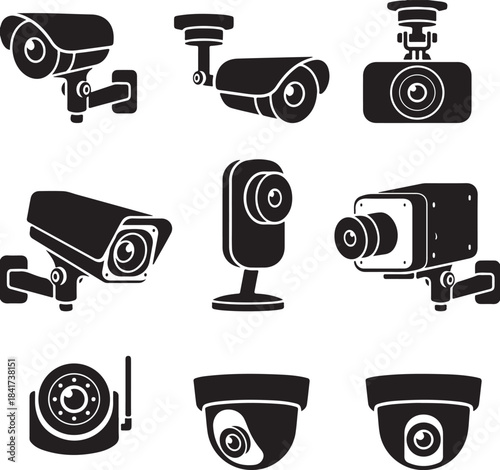 A vector illustration of a black camera icon set for web and technology, including photo, video, and CCTV symbols