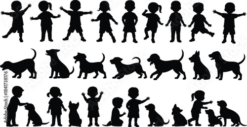 Silhouettes of children and dogs in playful interactions, black illustration capturing companionship, motion, and joyful pet bonding moments