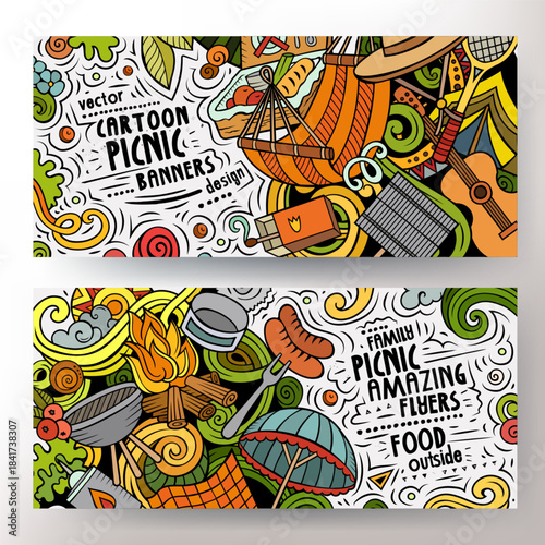 Cartoon vector doodle set of Picnic banners templates. Corporate identity for the use on apps, branding, flyers, web design