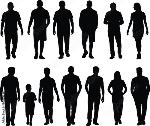Silhouettes of diverse individuals in standing and walking poses, ideal for fashion, posture, lifestyle, and character modeling