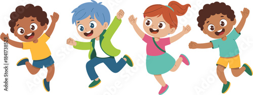Cartoon children jumping happily illustration, diverse kids, joyful expressions, raised arms, playful energy, colorful outfits, childhood fun, vector graphic