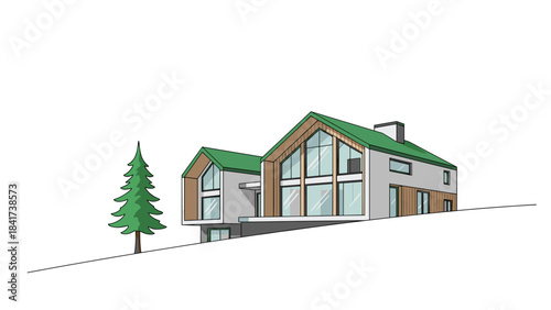 Modern Aframe house with green roof and large windows architectural drawing.