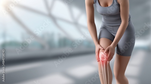 Female athlete interrupting workout from knee arthritis pain with projected joint X-ray indicating degeneration and inflammation shaping focused clinical sports supporting health and mobility themes