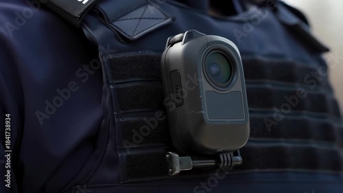 Close up of police body camera lens showing law enforcement body worn video technology for evidence collection, public safety and officer accountability.