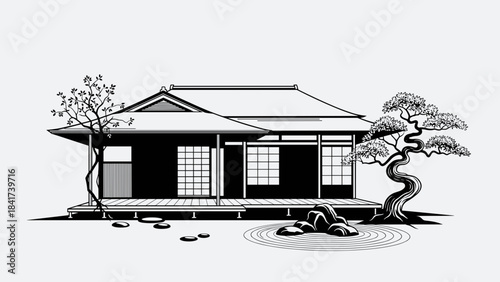 Traditional Japanese house with garden and trees in black and white illustration.