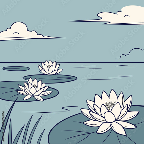 Serene illustration of white lotus flowers on a pond with lily pads and clouds in the sky on a light blue background