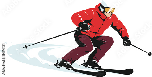Dynamic downhill skiing illustration, professional male skier in red jacket carving through fresh snow, fast action vector graphic for winter sports, recreation, mountain resorts,