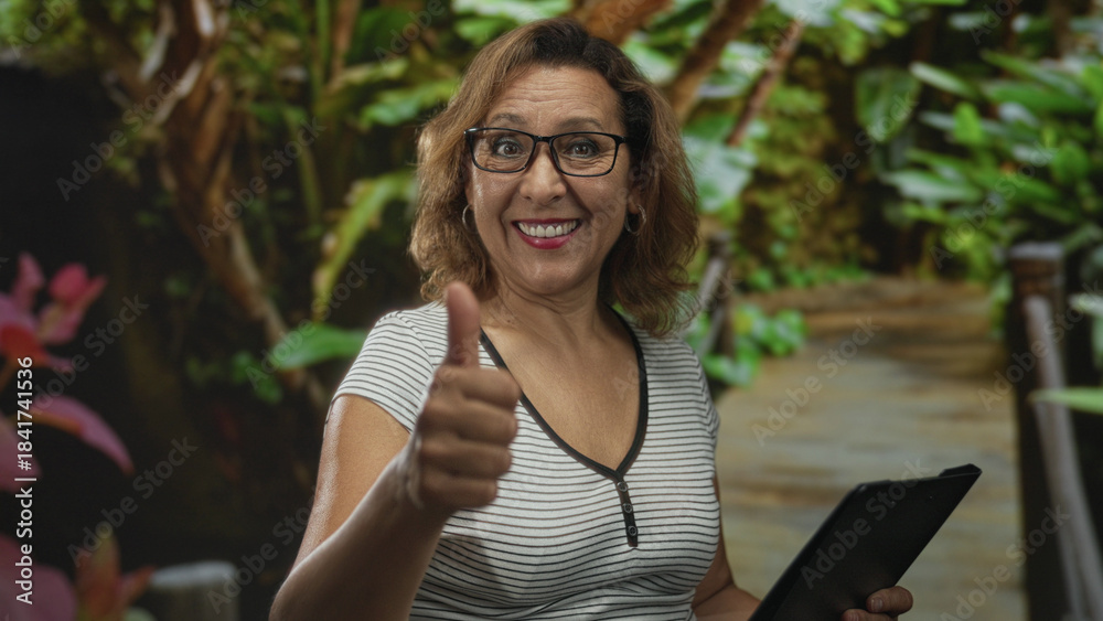 custom made wallpaper toronto digitalWoman smiling and giving a thumbs up while holding a tablet among green plants in a forest setting by a park walkway; approval joy.