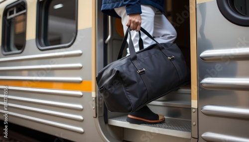 A passenger boards the train carrying a black suitcase—a moment of travel and transportation mobility.