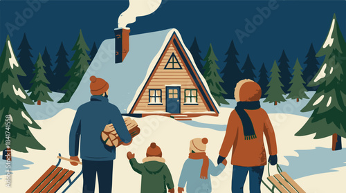 Winter illustration of family, snow-covered A-frame cabin, and pine forest