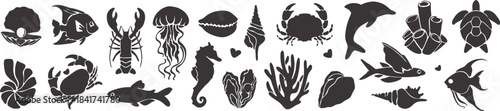 Set of marine life silhouettes featuring fish, shells, coral, seahorse, dolphin, crab, jellyfish, and ocean elements, ideal for design, patterns, illustrations, and nautical graphics.