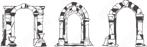 Set of ancient stone archway illustrations featuring medieval door frames and broken ruin structures, perfect for architecture designs, fantasy art, historical themes, and vector graphics.