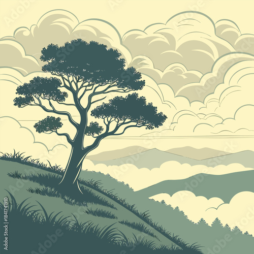 A green tree on a hill with clouds in the background in a vintage style