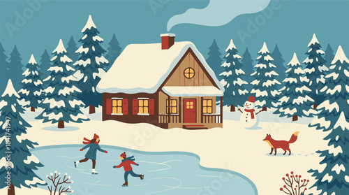 Winter illustration of family, snow-covered A-frame cabin, and pine forest