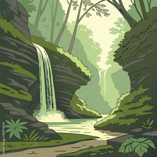 A serene and vibrant cartoon illustration of a lush green forest with a waterfall cascading down a rocky cliff surrounded by trees and foliage