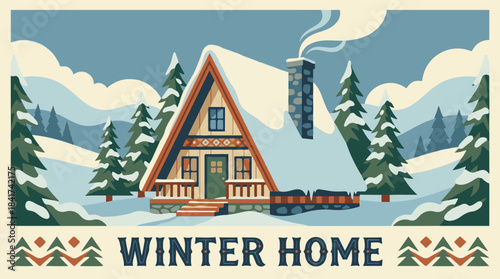Cozy A-Frame Cabin in Snowy Winter Landscape Illustration