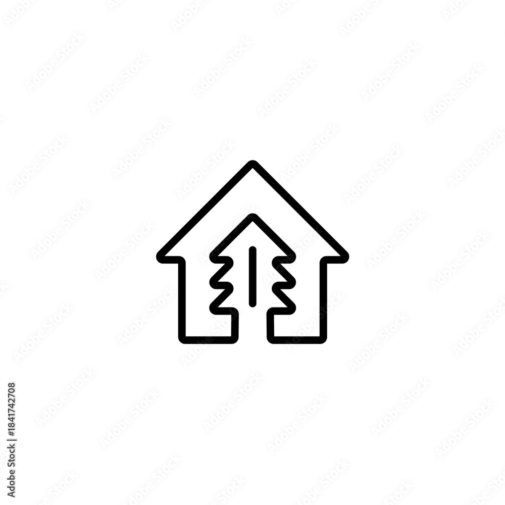 Fototapeta premium Minimalist House and Two Stylized Trees Line Art Icon on White Background