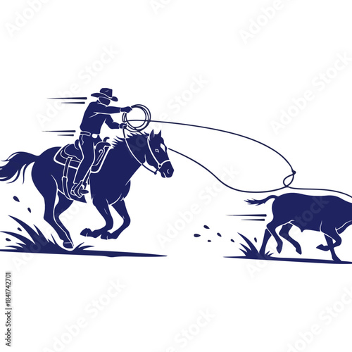 Cowboy on horseback roping a calf in a dynamic rodeo scene.