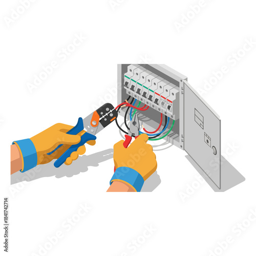 Electrician hands working on electrical panel with tools, wiring, and circuit breakers.