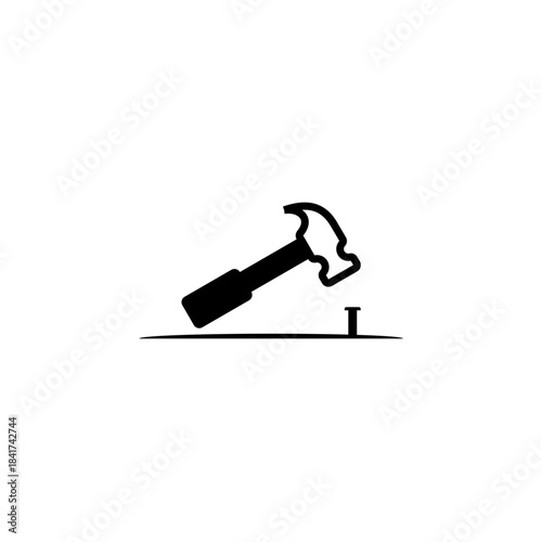 Simple Black and White Icon of a Hammer Hitting a Nail