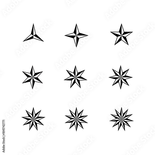 Collection of Diverse Geometric Star Symbols in Black and White