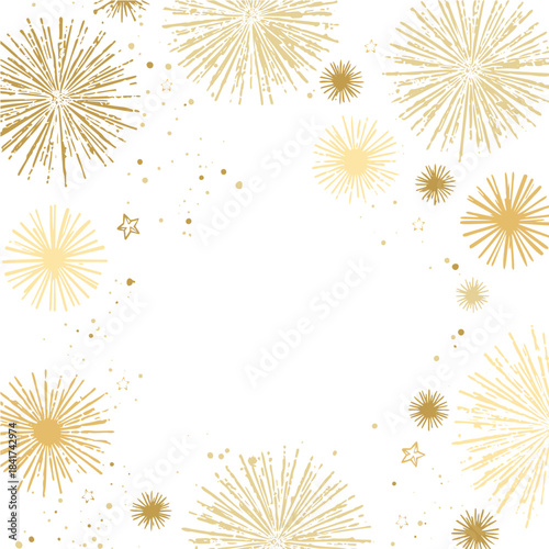 Golden exploding fireworks and stars vector on transparent background with copy space