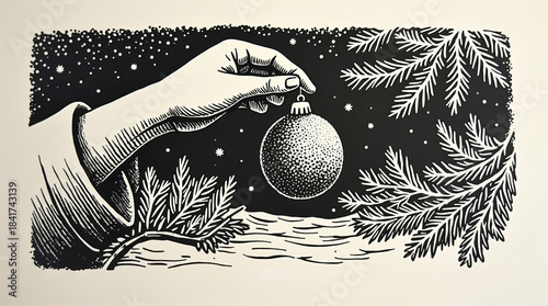 black and white graphic illustration of hand holds hanging new year bauble ornament against spruce trees and snowy forest