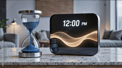 Zegar i klepsydra to narzędzie umożliwiające mierzenia czasu. A godzina 12:00 PM dnia 31 grudnia jest przełomowym momentem w roku. Nowy Rok.