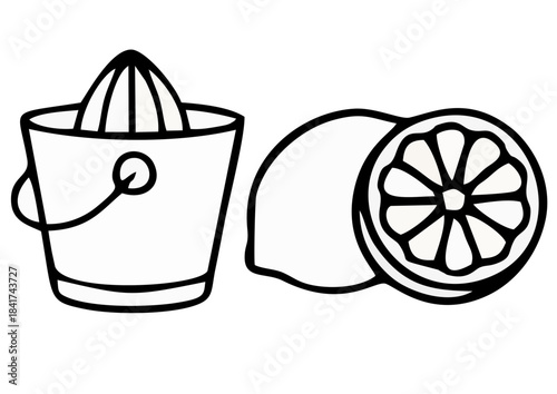 Vector lemon with juicer in clean minimal graphic style, yellow-green palette, decorative design element for kitchen and food projects