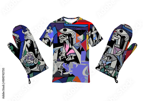 Warm mittens and T-shirt in impressionist art style, soft pastel colors, cozy winter-themed design illustration