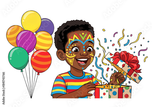Dark-skinned boy with joyful mood opening a birthday gift against a festive decorated party backdrop