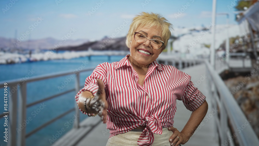 Fototapeta premium Woman extends right hand for handshake with bracelets and glasses on a street pier by the marina, smiling and offering greeting to camera; warm welcome.