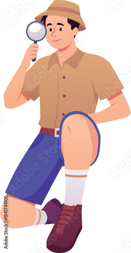 Man holding magnifying glass and observing, vector cartoon male character exploring insects, looking and studying nature