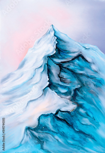 Icy Mountain Ridge Winter Illustration. Frozen Summit Blue and White Mountain Art. Abstract painting of a snowy mountain peak with blue and white icy textures and soft pastel sky