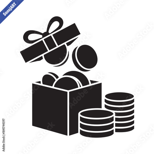 Financial Bonus Concept. Gift Box with Spilling Coins Icon. Reward Money or Investment Success Symbol.