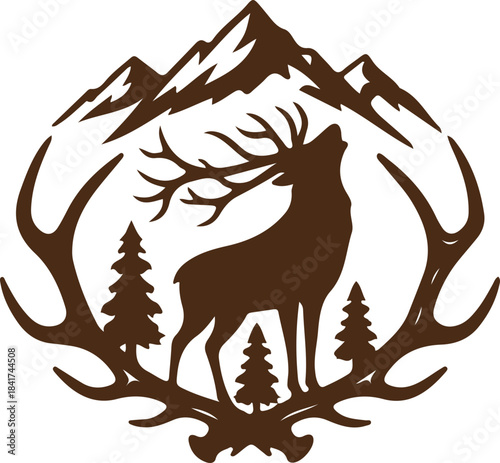 deer antler scene svg, buck silhouette, mountains, outdoors, hunting, animal, head, nature, mammal, wild, deer, wildlife, tree